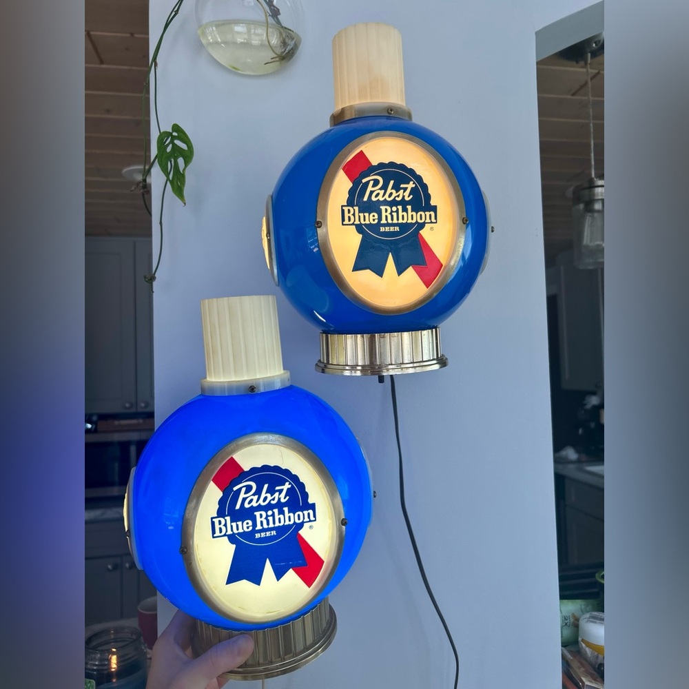 2 Vintage 1964 Pabst Blue Ribbon Neon Hanging Globe Lamp Lights